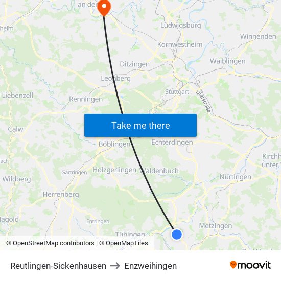 Reutlingen-Sickenhausen to Enzweihingen map