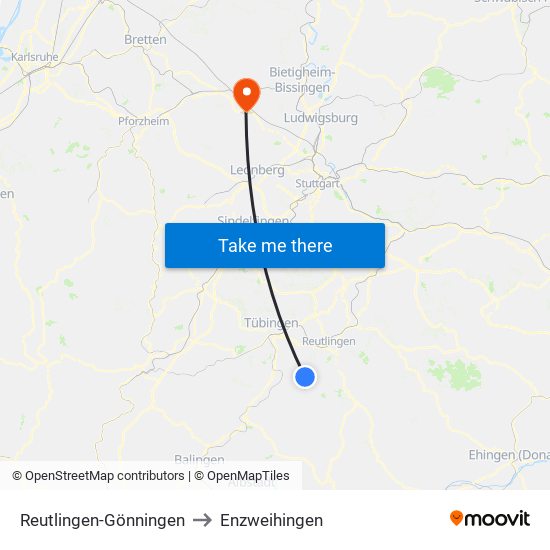 Reutlingen-Gönningen to Enzweihingen map