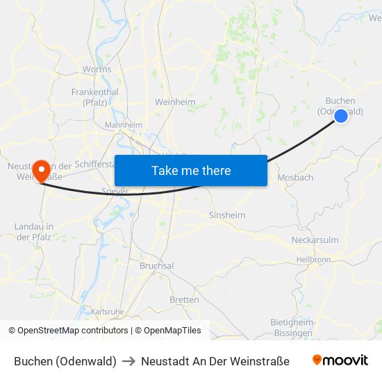 Buchen (Odenwald) to Neustadt An Der Weinstraße map