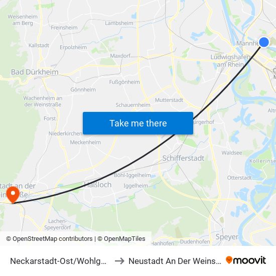 Neckarstadt-Ost/Wohlgelegen to Neustadt An Der Weinstraße map