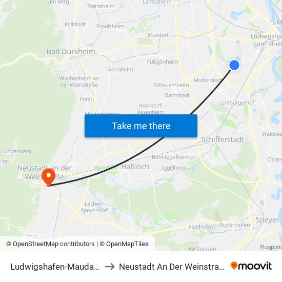 Ludwigshafen-Maudach to Neustadt An Der Weinstraße map