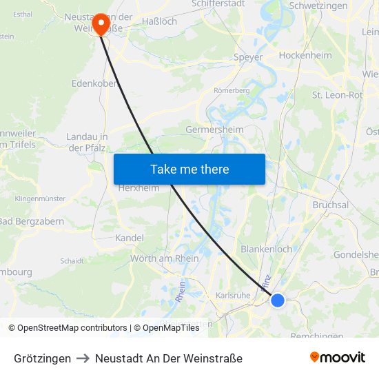 Grötzingen to Neustadt An Der Weinstraße map