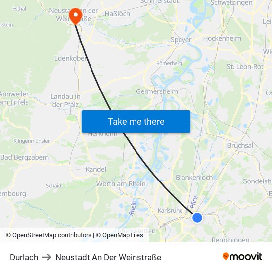 Durlach to Neustadt An Der Weinstraße map