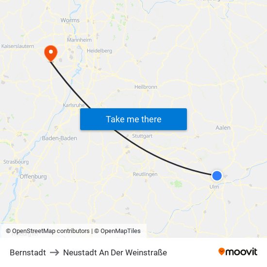 Bernstadt to Neustadt An Der Weinstraße map