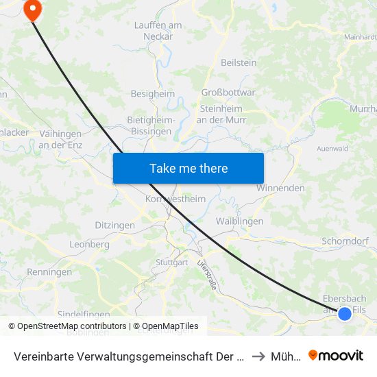 Vereinbarte Verwaltungsgemeinschaft Der Stadt Ebersbach An Der Fils to Mühlbach map