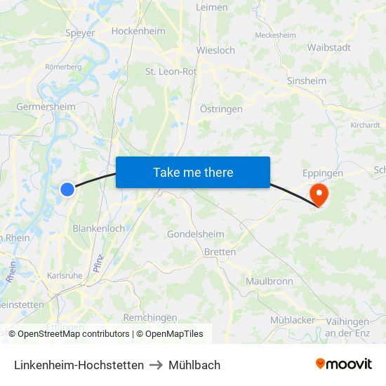 Linkenheim-Hochstetten to Mühlbach map