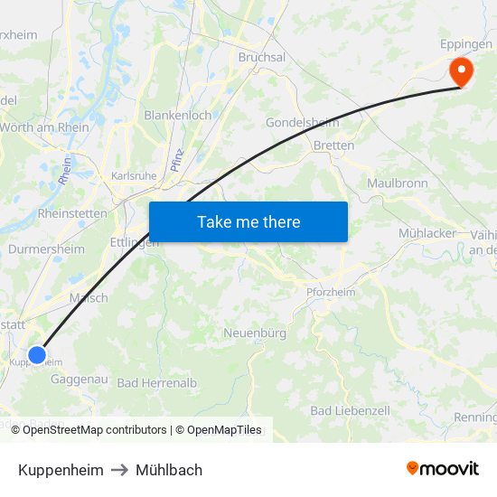 Kuppenheim to Mühlbach map