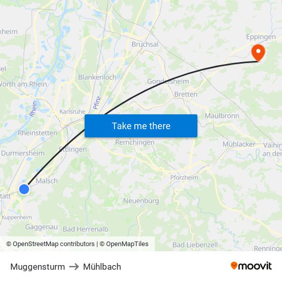 Muggensturm to Mühlbach map