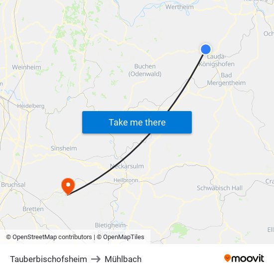 Tauberbischofsheim to Mühlbach map