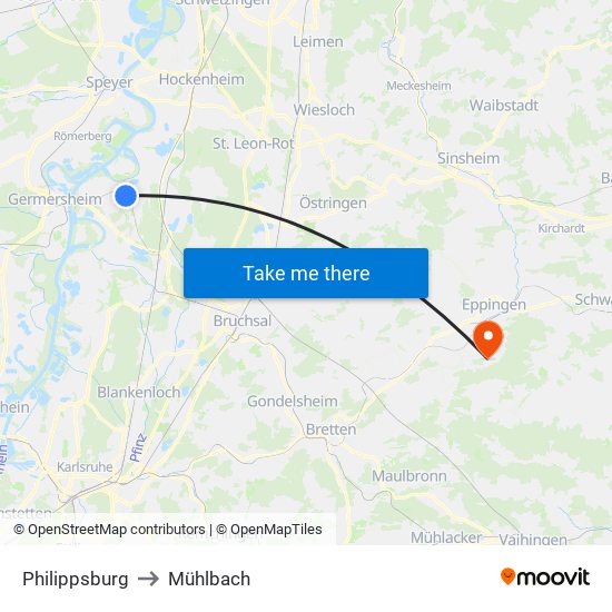 Philippsburg to Mühlbach map