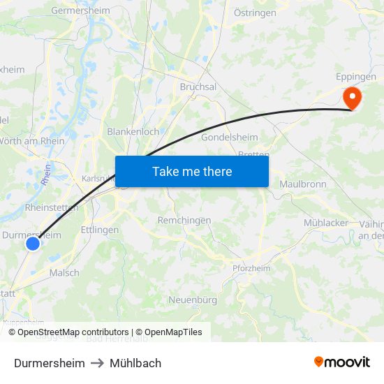 Durmersheim to Mühlbach map