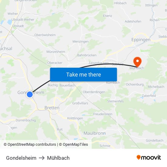 Gondelsheim to Mühlbach map