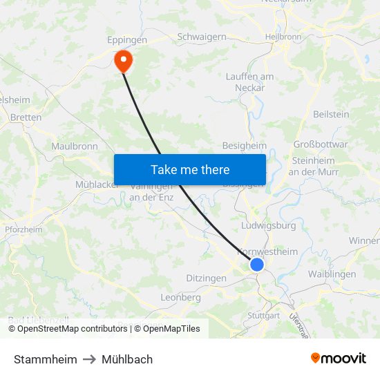 Stammheim to Mühlbach map