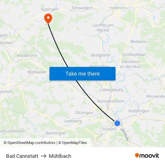 Bad Cannstatt to Mühlbach map