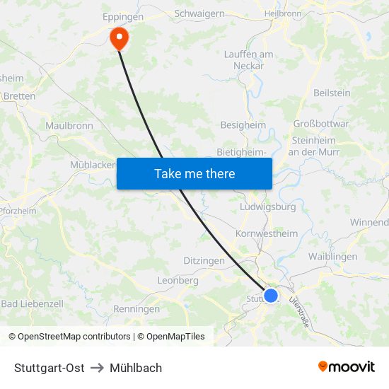 Stuttgart-Ost to Mühlbach map