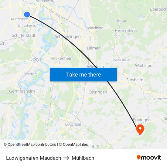 Ludwigshafen-Maudach to Mühlbach map