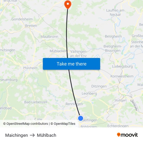 Maichingen to Mühlbach map