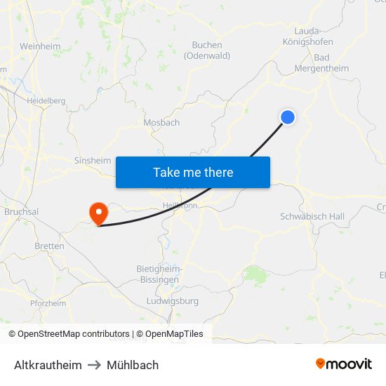 Altkrautheim to Mühlbach map