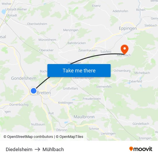 Diedelsheim to Mühlbach map