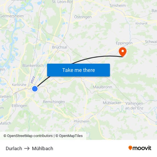 Durlach to Mühlbach map