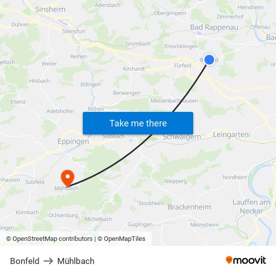 Bonfeld to Mühlbach map