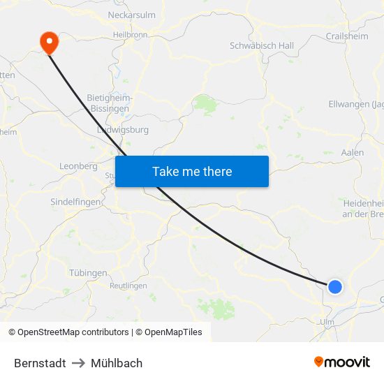 Bernstadt to Mühlbach map