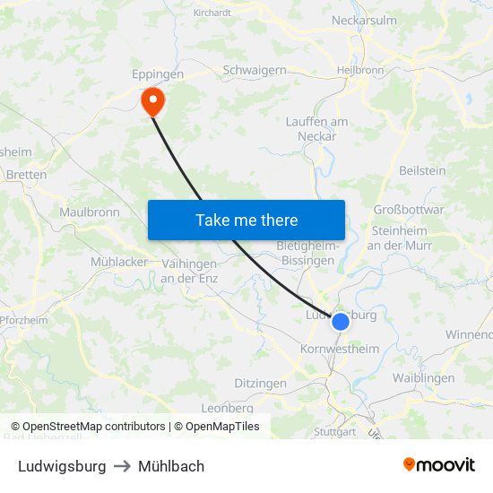 Ludwigsburg to Mühlbach map