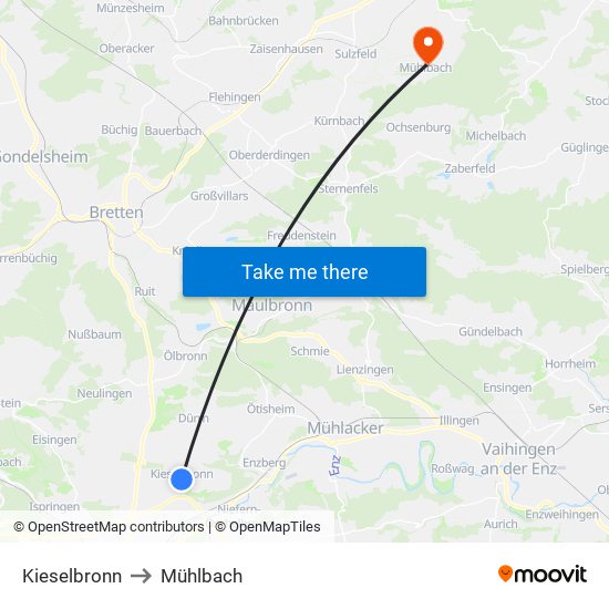 Kieselbronn to Mühlbach map