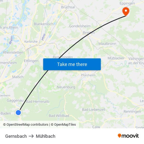 Gernsbach to Mühlbach map