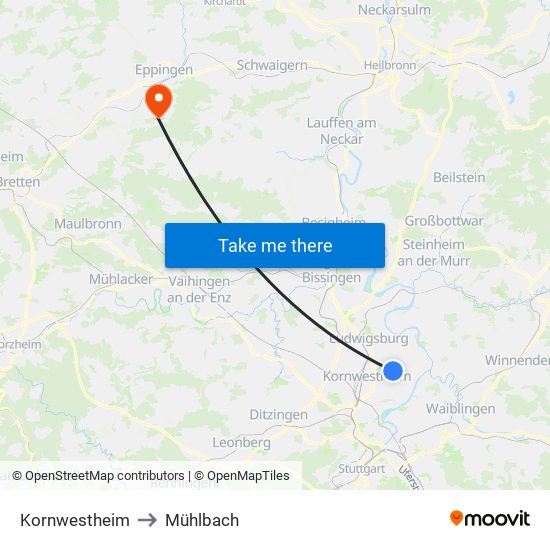Kornwestheim to Mühlbach map