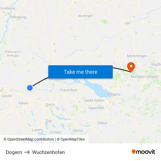 Dogern to Wuchzenhofen map