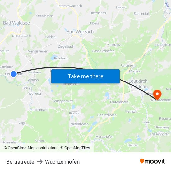 Bergatreute to Wuchzenhofen map