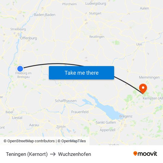 Teningen (Kernort) to Wuchzenhofen map