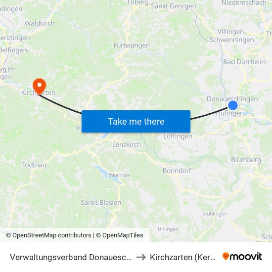 Verwaltungsverband Donaueschingen to Kirchzarten (Kernort) map