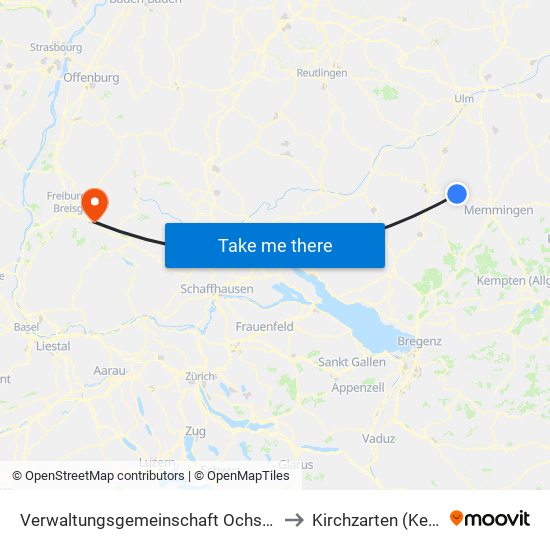 Verwaltungsgemeinschaft Ochsenhausen to Kirchzarten (Kernort) map