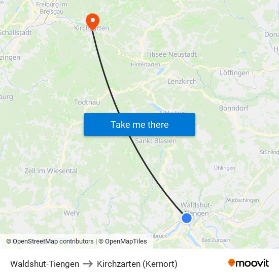 Waldshut-Tiengen to Kirchzarten (Kernort) map