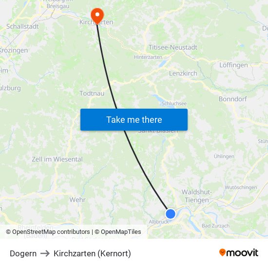 Dogern to Kirchzarten (Kernort) map