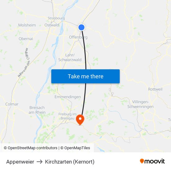 Appenweier to Kirchzarten (Kernort) map