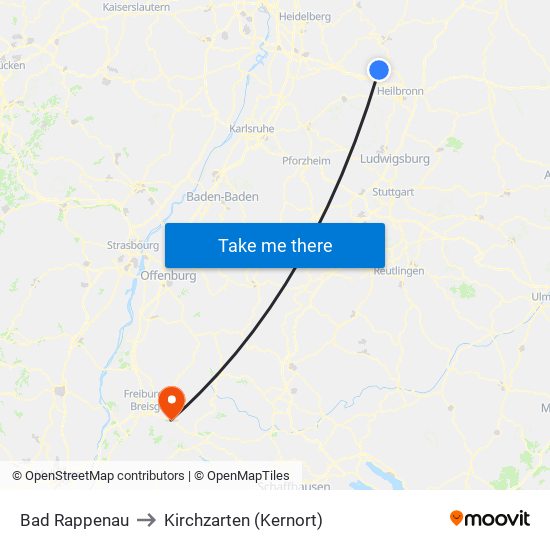 Bad Rappenau to Kirchzarten (Kernort) map