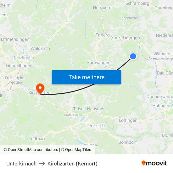 Unterkirnach to Kirchzarten (Kernort) map