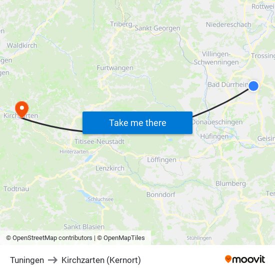 Tuningen to Kirchzarten (Kernort) map