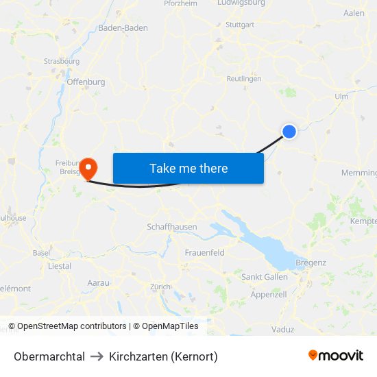 Obermarchtal to Kirchzarten (Kernort) map