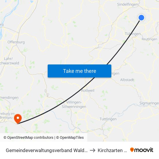 Gemeindeverwaltungsverband Waldenbuch/Steinenbronn to Kirchzarten (Kernort) map