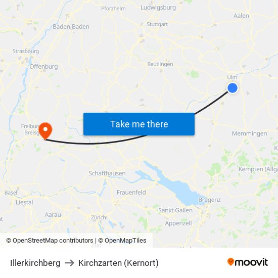 Illerkirchberg to Kirchzarten (Kernort) map