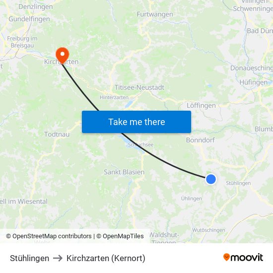 Stühlingen to Kirchzarten (Kernort) map