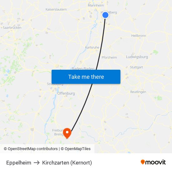 Eppelheim to Kirchzarten (Kernort) map