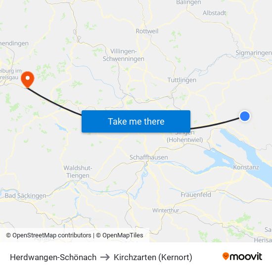 Herdwangen-Schönach to Kirchzarten (Kernort) map