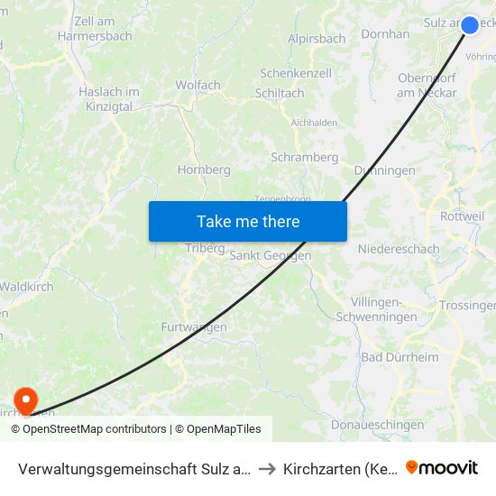 Verwaltungsgemeinschaft Sulz am Neckar to Kirchzarten (Kernort) map