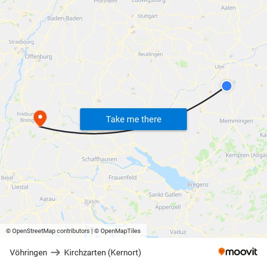 Vöhringen to Kirchzarten (Kernort) map