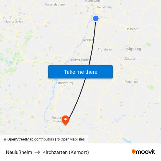 Neulußheim to Kirchzarten (Kernort) map